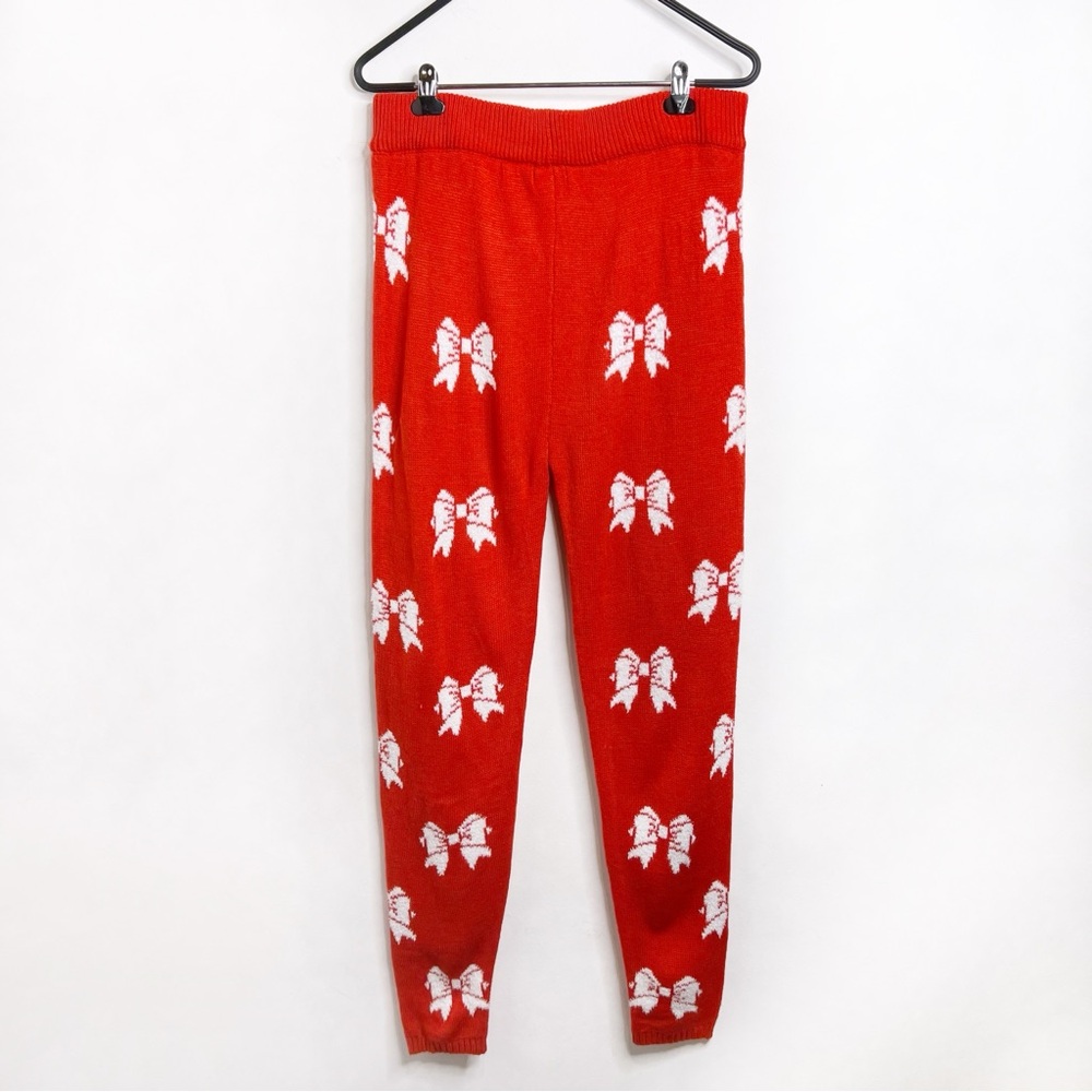 POOF! Merry Christmas Knit Bow Print Red Leggings NWOT Size L - Picture 8 of 11